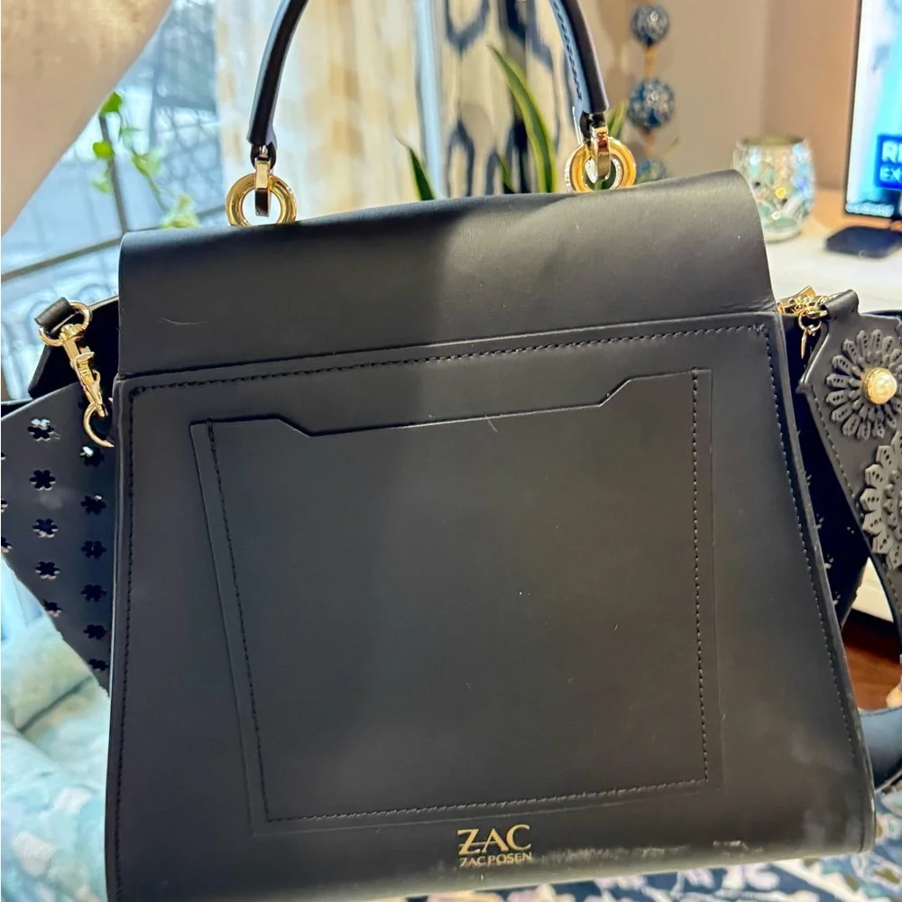 ♠️👜 Zac Posen Black Leather Top-Handle Satchel with Floral Embellished Strap 👜♠️